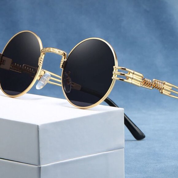 Round Black Lens Men Sunglasses Gold Frame Hip Hop Style Fashion Designer Lentes - Picture 5 of 6